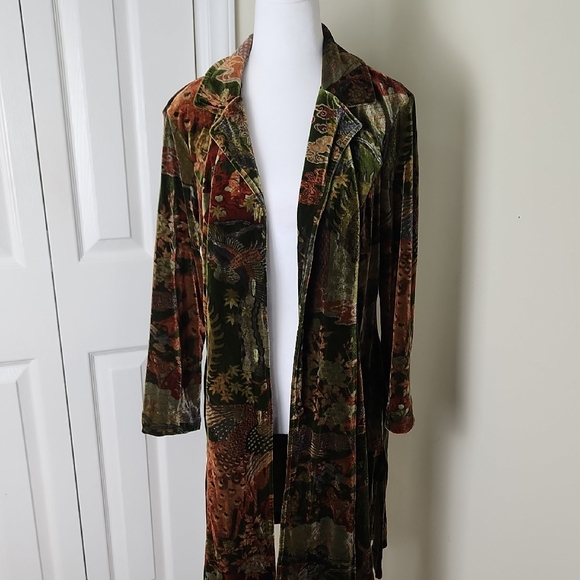 Beautiful Stretchy Vintage Velvet Floral Lightweight Long Coat S M L - Picture 5 of 16